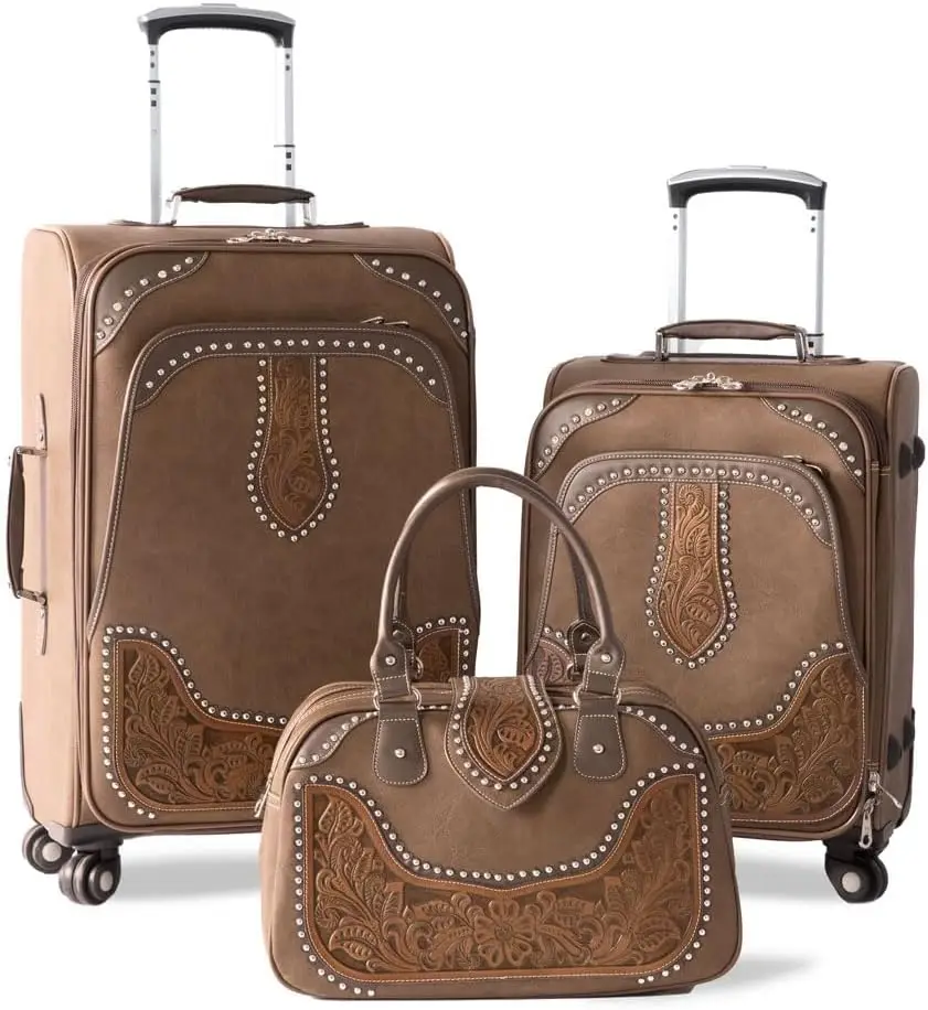 Western Brown Tooled - 3-Piece Luggage Set - (1) Large 16x10x26in Suitcase - (1) Medium 13.5x9x20in Suitcase