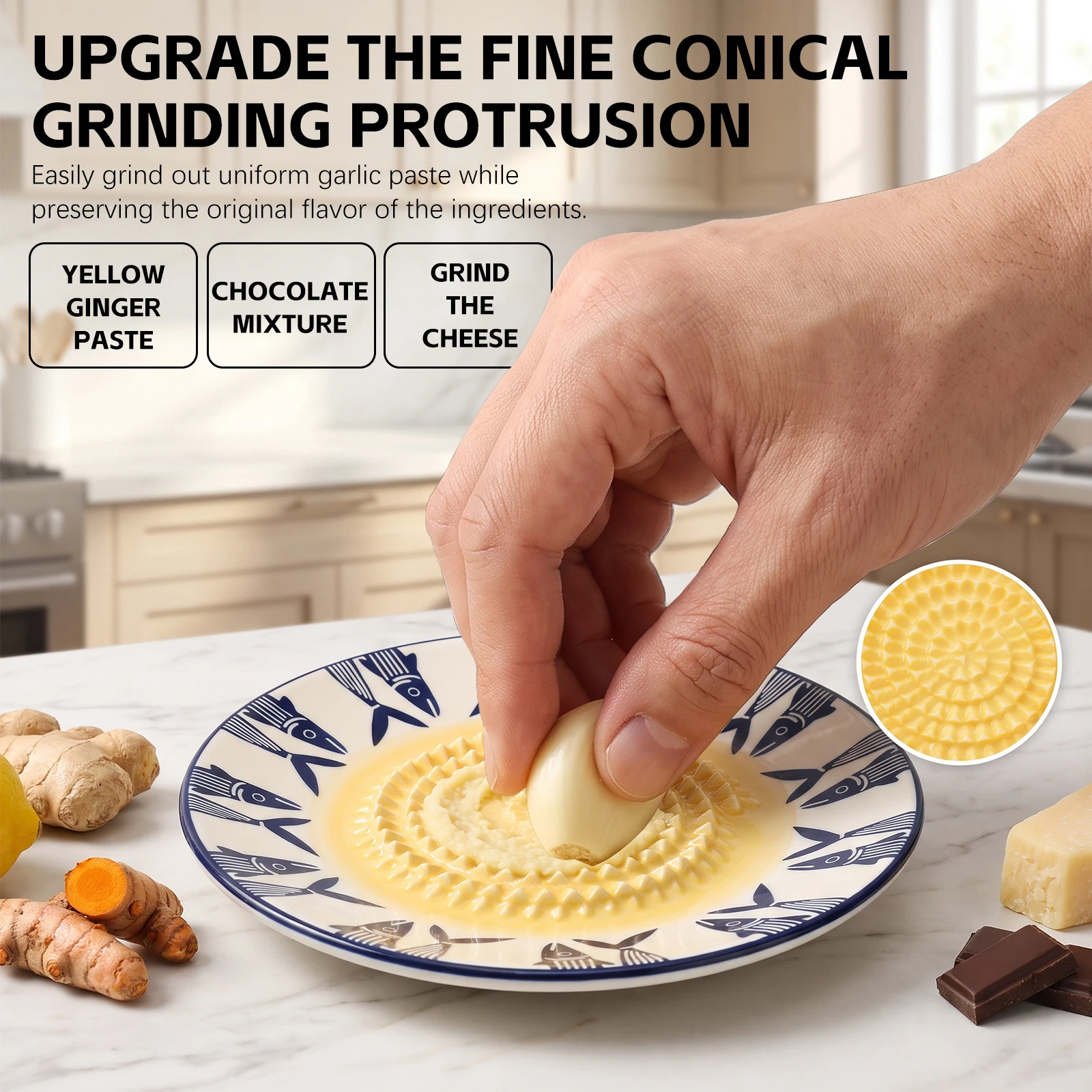 Ceramic Garlic Grater Retro Printed Garlic Puree Plate Fine Grinding Garlic Dish with Non-slip Base for Kitchen Prep and Serving