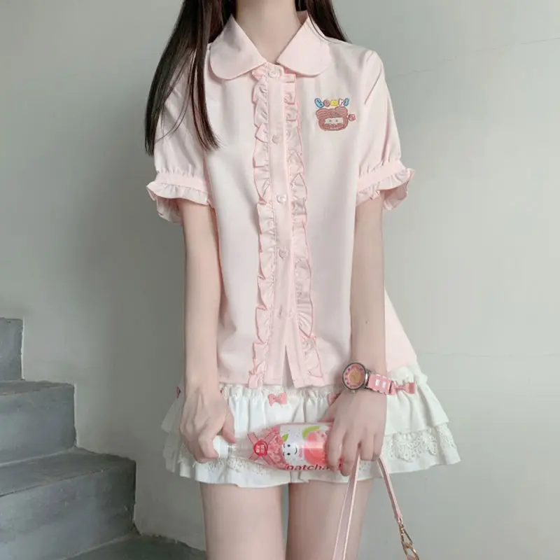 Summer Sweet Kawaii Blouse Lolita Cute Ruffles Elegant Vintage Short Sleeve Shirts Women Embroidery Casual Peter Pan Collar Tops