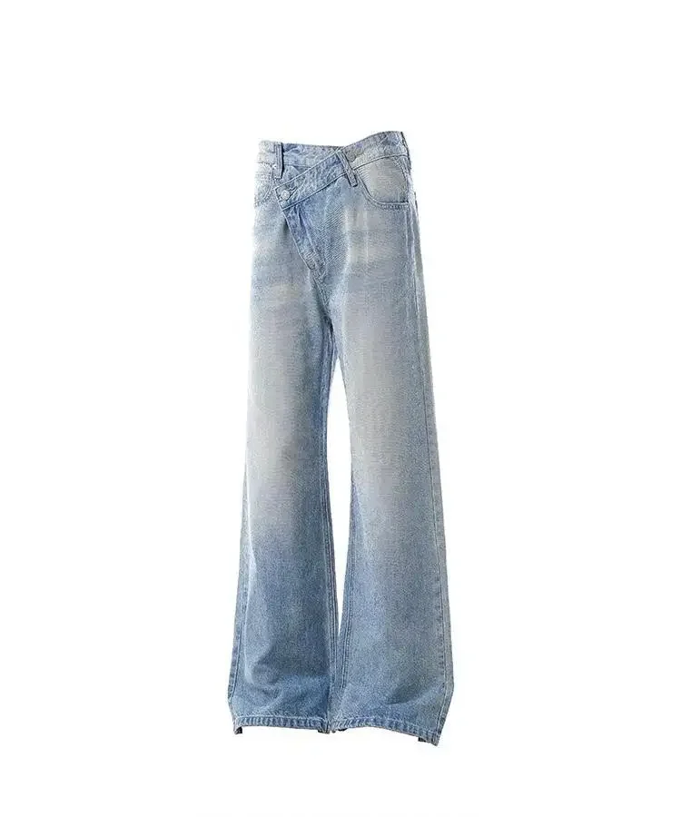 Unisex Slim‑Fit Straight‑Leg Denim Jeans With Asymmetric Waistband For Spring Autumn Street Casual Wear Unisex Jeans