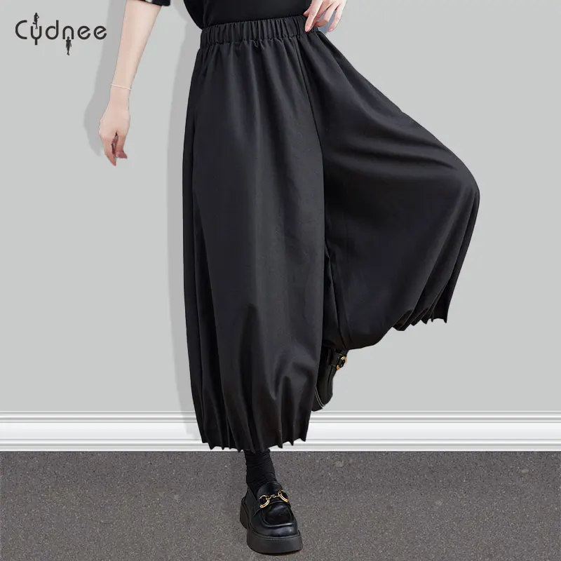 Black Gaucho Palazzo Pants for Women Wide Leg Dress Pants High Waisted Dressy Trousers Tall Plus Size Bloomers with Pockets