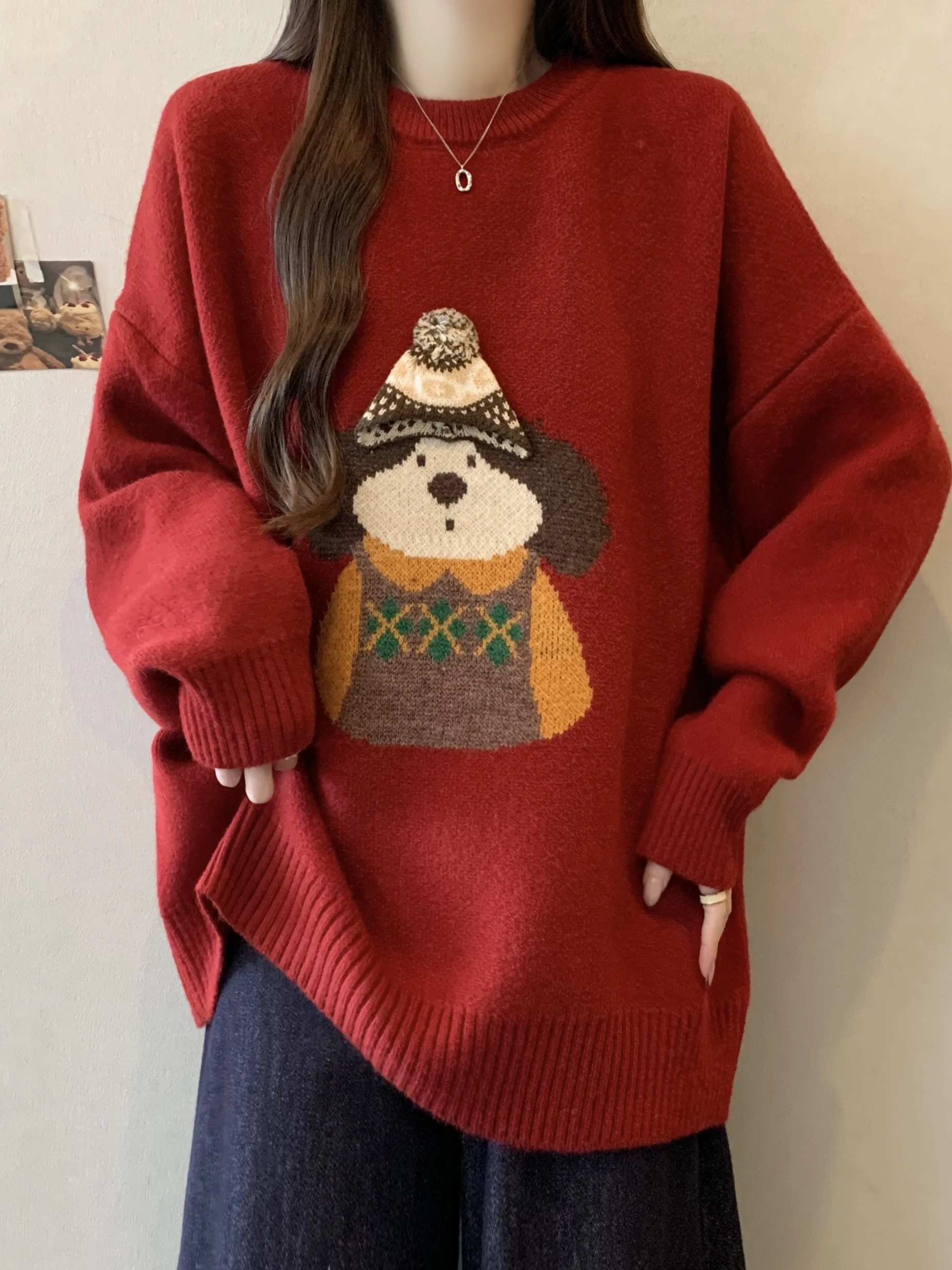 

Red Anti-Aging Long Sve Knitted Sweater Women's Winter plus Size Loose Medium Length Soft Versatile Knitted Top