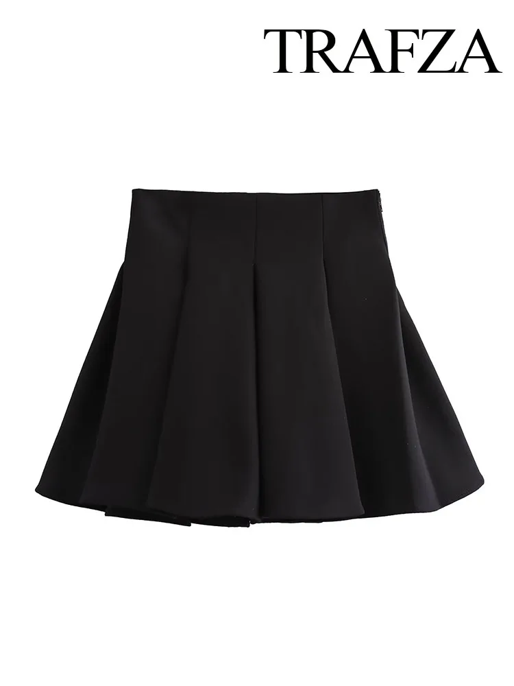 TRAFZA Women Summer Chic High Waist Side Zipper Pleated Design Mini Skirt Woman Fashion Solid Slim High Street Short Skirt Mujer