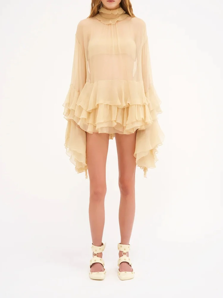 Romântico e sonhador 25 primavera/verão, estilo de férias decorativo com babados, vestido de bolo sem costas em camadas, minissaia