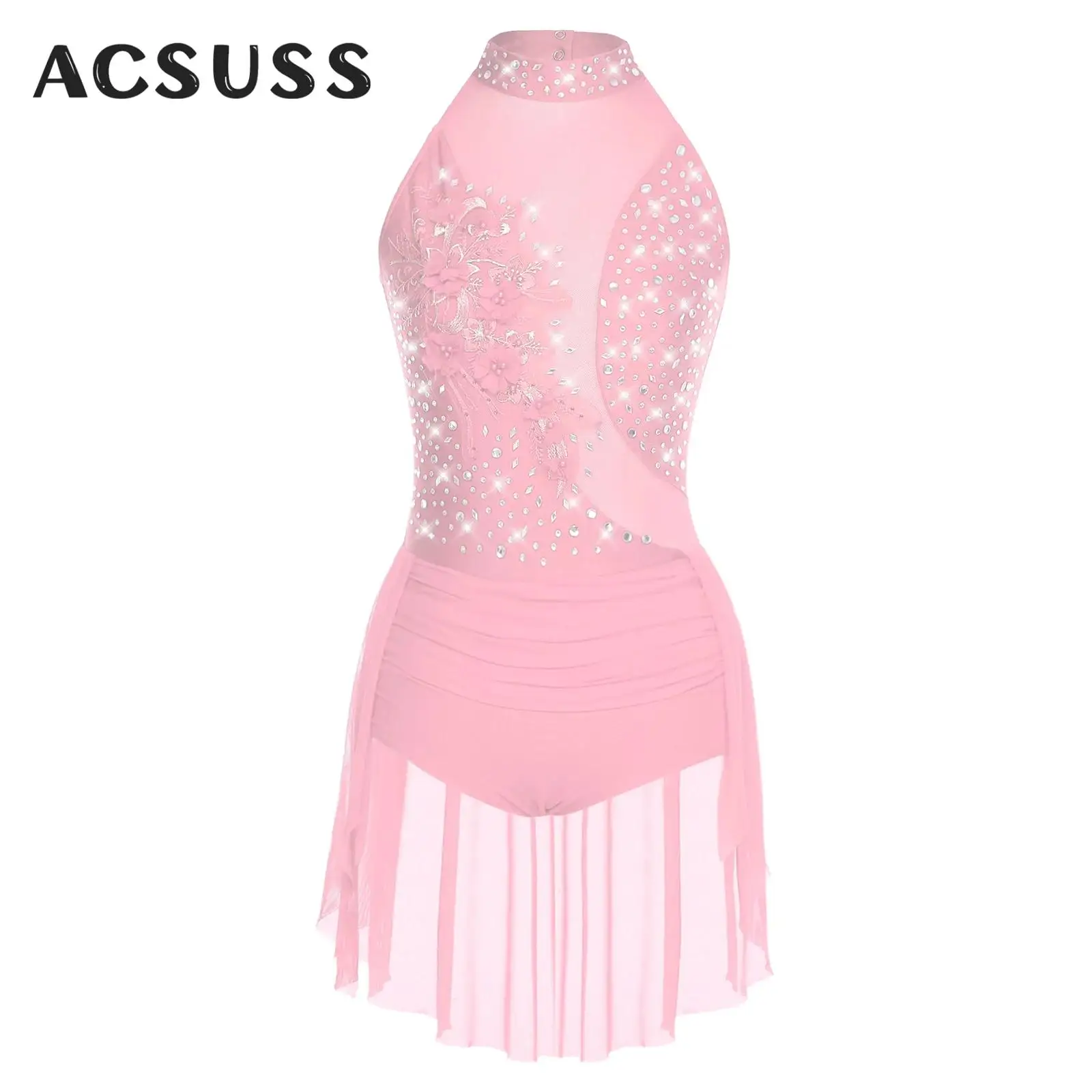 

Womens Latin Cha-cha Dance Leotards Figure Skating Gymnastics Performance Costume Sleeveless Shiny Rhinestone Applique Jumpsuit