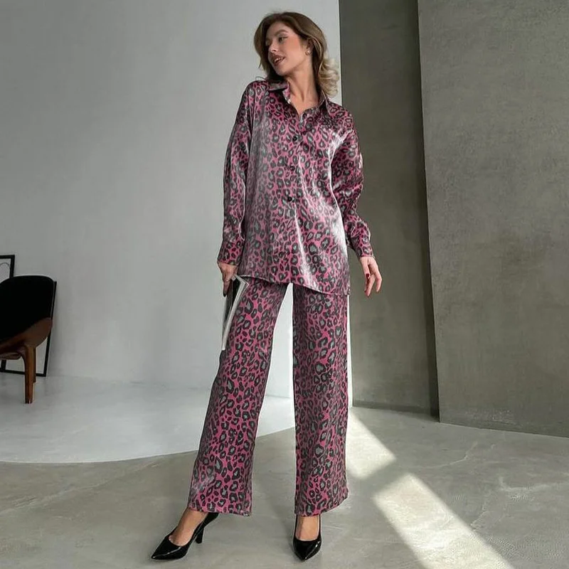 Camicie a maniche lunghe con stampa leopardata e pantaloni a gamba larga Set camicetta allentata abiti pantaloni a gamba larga abbottonatura Set da 2 pezzi completo da donna