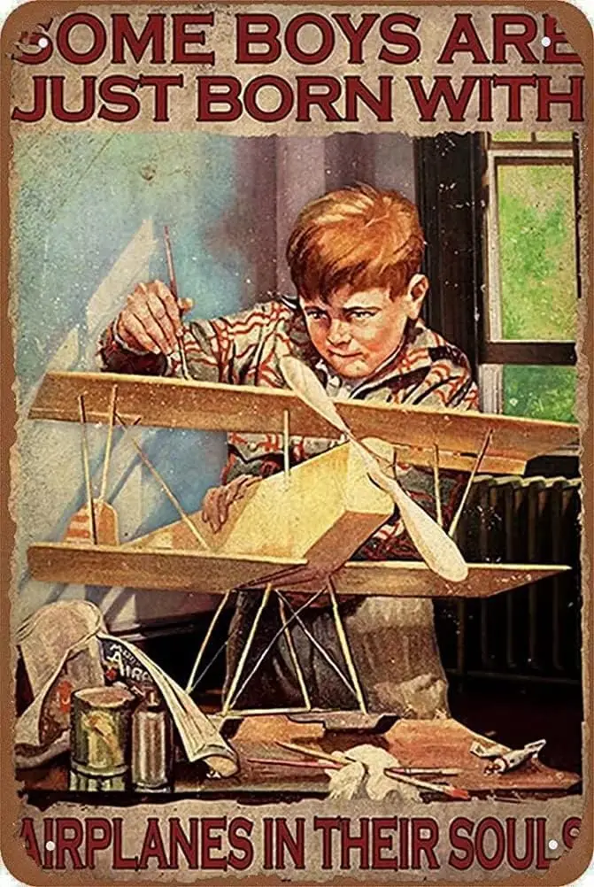 Pilot Boy Tin Sign Airplane Lovers Some Boys are Born with Airplanes in Their Souls Vertical Antique Tin Sign Boys Room Decor 12