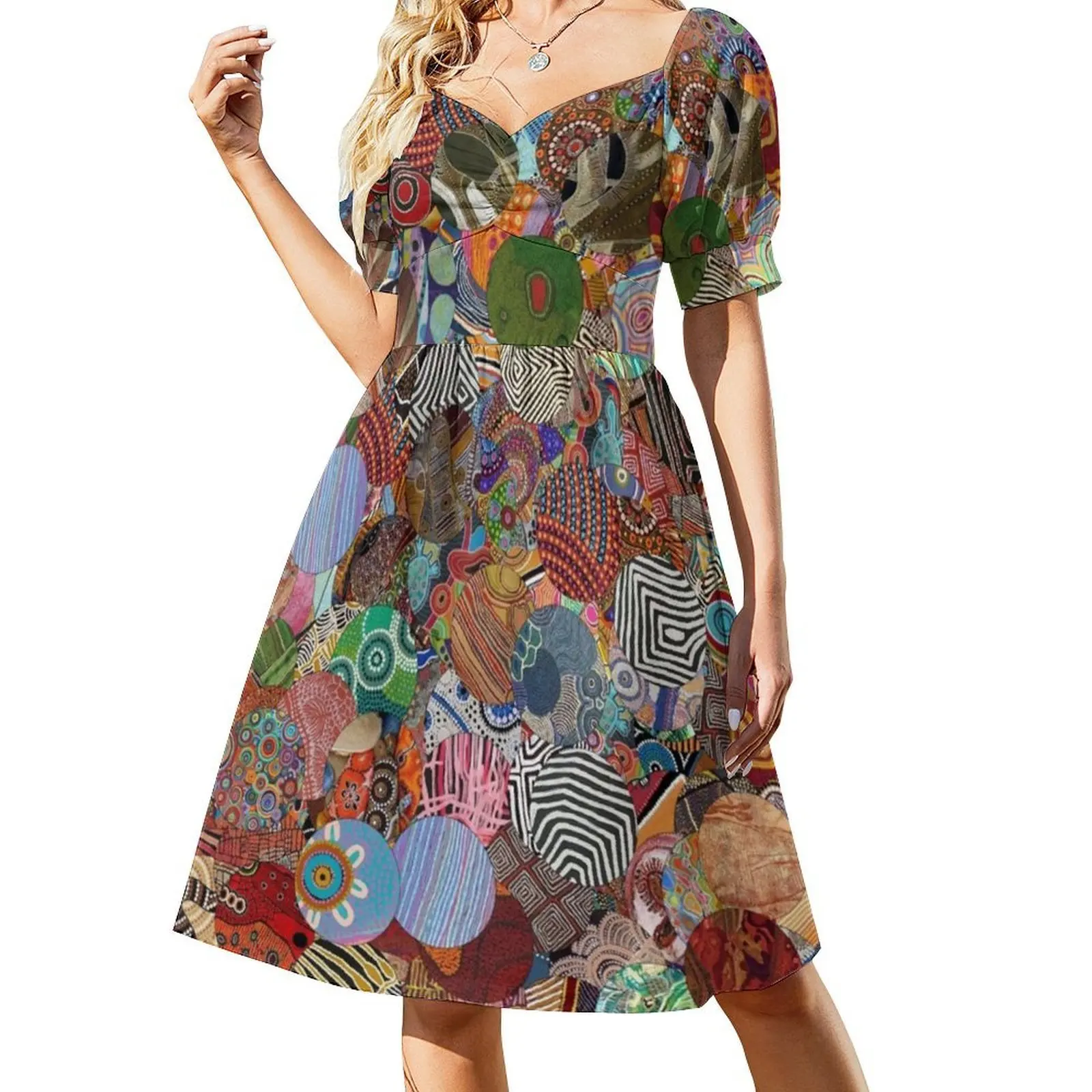 فستان ذو فتحة عنق على شكل قلب من الفن الأسترالي الأصلي فستان حفلات صيفي أنيق للنساء السكان الأصليين الأستراليين #2