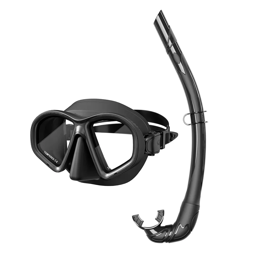 Double Lens Diving Mask Set New Design Tempered Glass Liquid Silicone Snorkel Low Volume Eco-Friendly 180 Wide