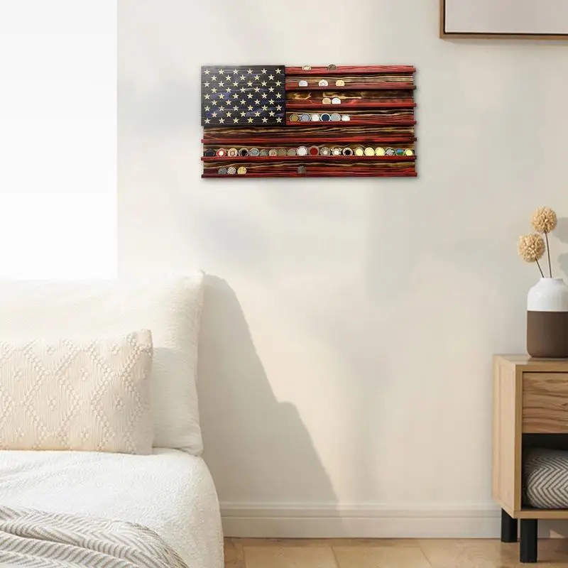 American Flag Coin Display 7 Rows Wood Coin Stand Rack For Wall Mount Coin Holder Rack Coin Display Holder Desktop Display Stand