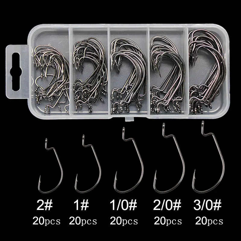 AS 100pcs/lot Fishing Soft Worm Hooks Texan Hooks High Carbon Steel Wide Super Lock Fishhooks Lure Softjerk Hooks Fishing Tackle