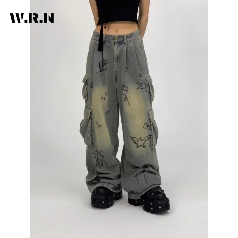 

American Retro High Waist Straight Jeans Hip-hop Print Pants 2023 Winter Women's Casual Y2K Grunge Streetwear Denim Trouser