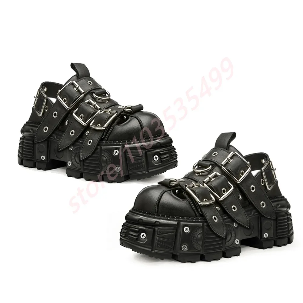 

Thick Sole Belt Buckle Hollow Roman Sandals Round Toe Back Strap Punk 2025 Summer New Rivet Black Fashion Party Casual Sandals