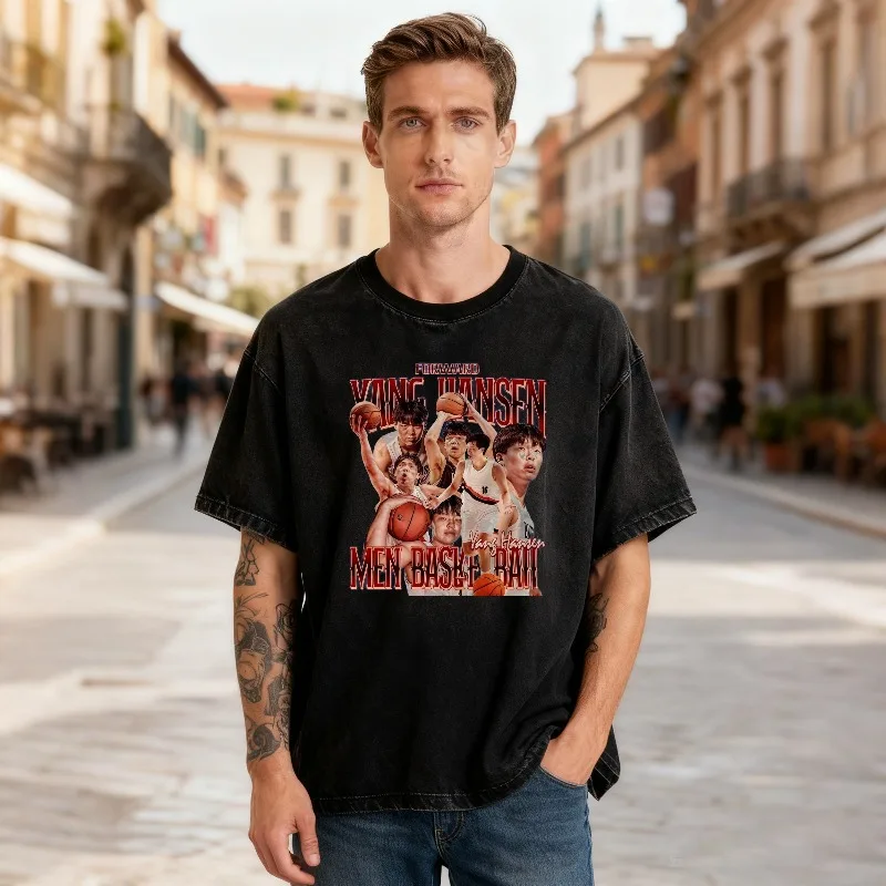 تي شيرت مغسول بنجمة كرة السلة الأمريكية يانغ هانسن للجنسين كاجوال مريح من القطن عتيق ملابس الشارع الشهير برقبة دائرية وأكمام قصيرة #2