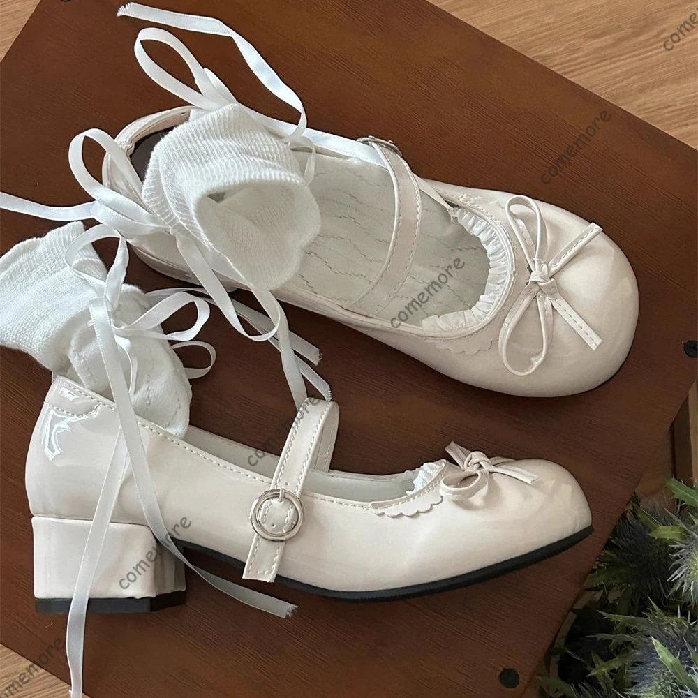 

Comemore Women Sweet Butterfly Knot Med Heels Mary Janes Shoes Fashion Round Toe Belt Buckle Party Pumps Solid Heels for Women