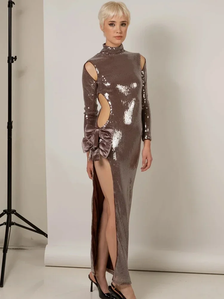 Sexy Turtleneck Long Sleeves Sequins Cutout Long Dress Women Coffee Velvet Bow Split Slim Dresses Elegant Evening Party Cocktail