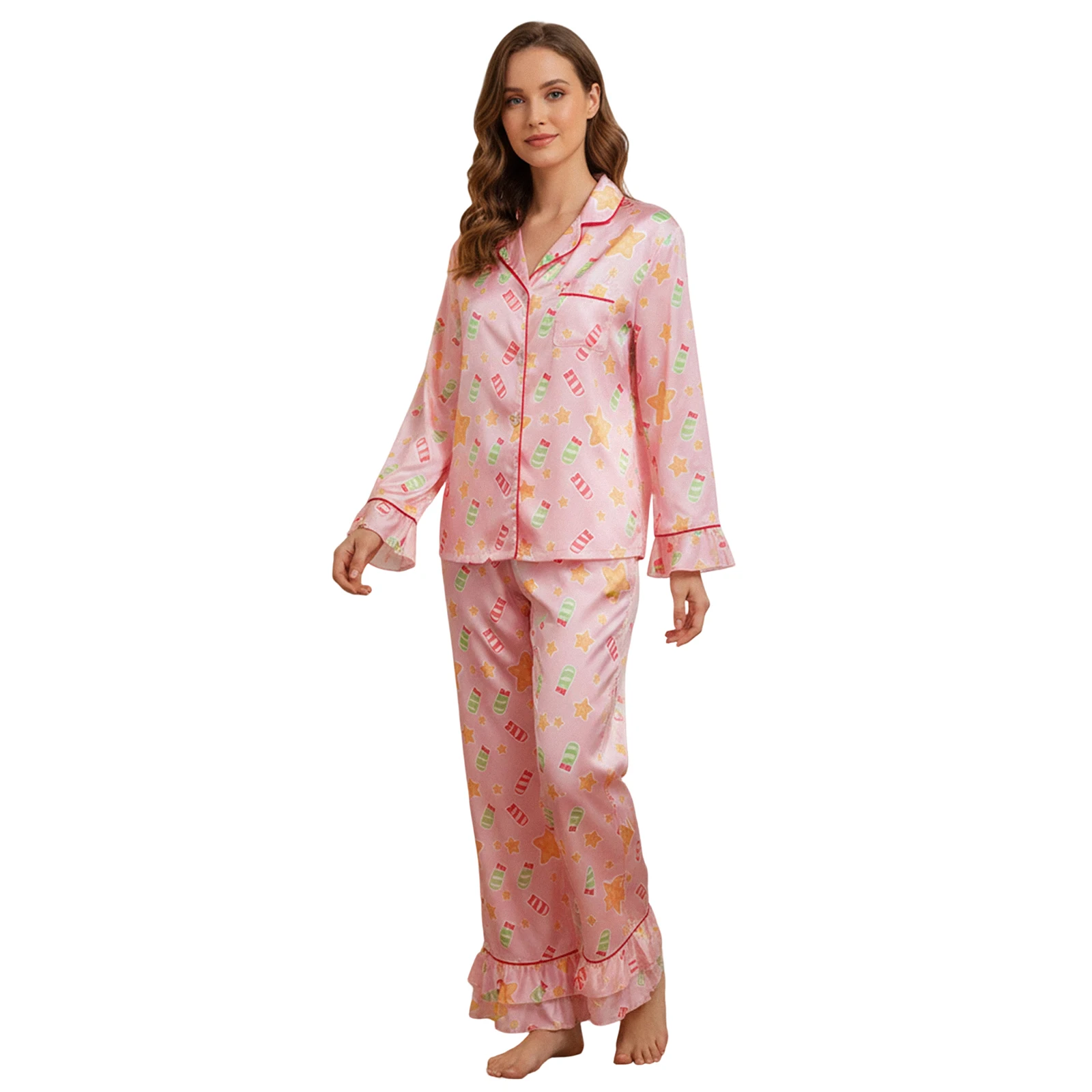 

Women s Christmas Pajama Set Long Sleeve Lapel Christmas Elements Print Shirt Pants Sleepwear