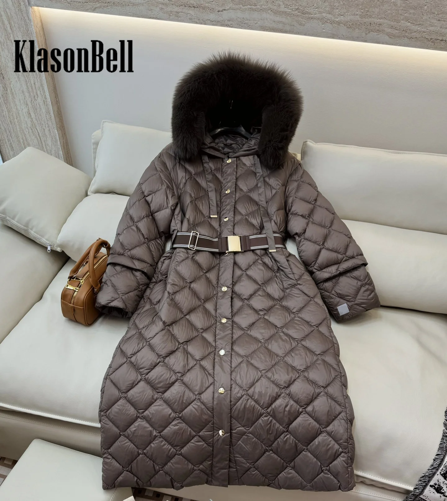 9.6 KlasonBell Women Luxury Fox Fur With Metal Belt Long Goose Down Jacket Quilted Argyle Plaid Spliced Long Sleeve Down Coat