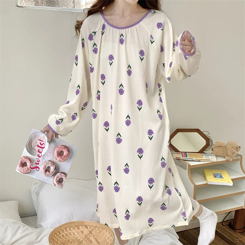 

Autumn Spring Nightgowns Women Loose Long Sleeve Casual Homewear Sleepwear Dresses Female Sweet Girls Students Nightdress Women