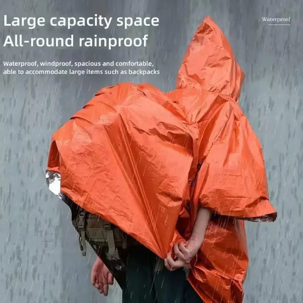 Hooded Emergency Rain Poncho Waterproof & Warm with Aluminum Coated Lining, Survival Emergency Blanket for Camping
