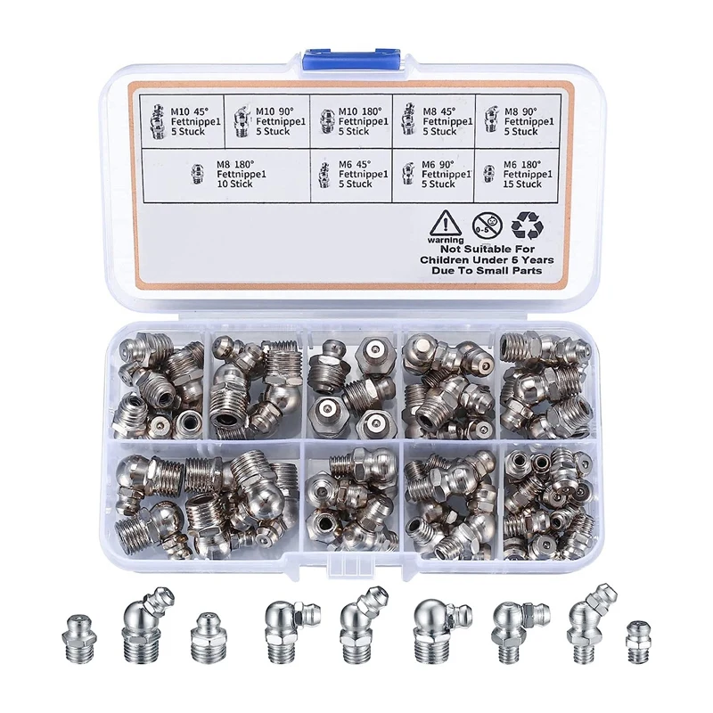 

60 PCS Metric Grease Fittings Kit Metal M6 M8 M10 45 90 Degree Hydraulic Grease Zerk Assortment For Angled Grease Mechanical