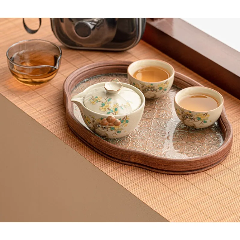 

Cute cat hand scratching pot travel tea set portable bag outdoor camping tea set
