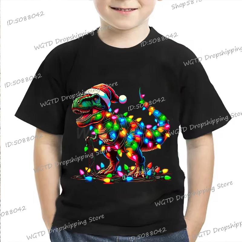 

Harajuku Dinosaur Christmas Children's Clothing Fun Cartoon Dinosaur Short Sleeve T-shirts Crewneck Girls Boys Xmas Tshirts