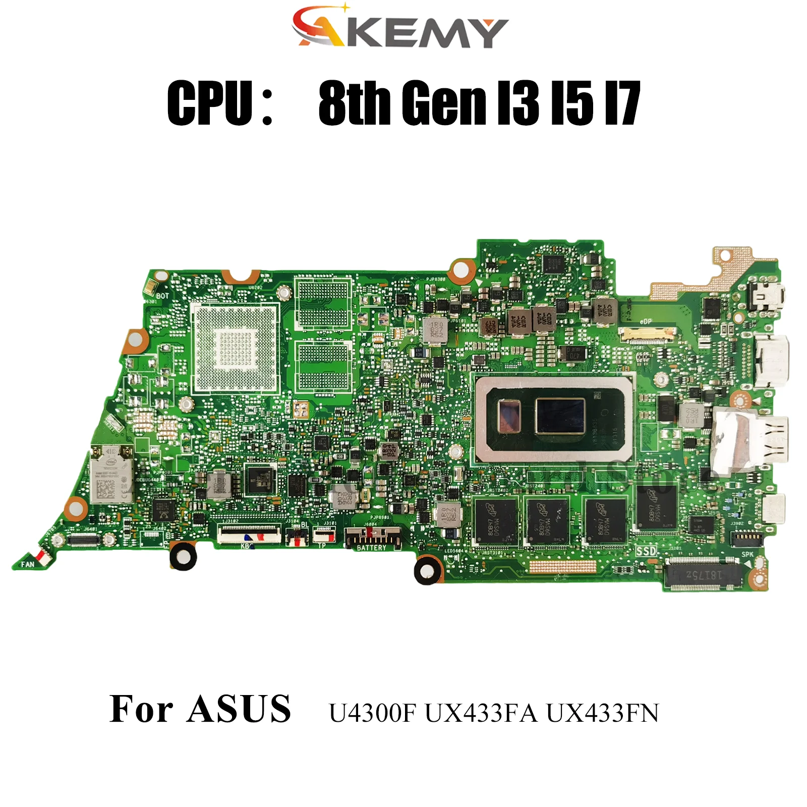 

UX433FA Материнская плата для ноутбука ASUS ZenBook UX433FA UX433F UX433FN U4300F Материнская плата для ноутбука с процессором I3 I5 I7 100% тестирование OK stk