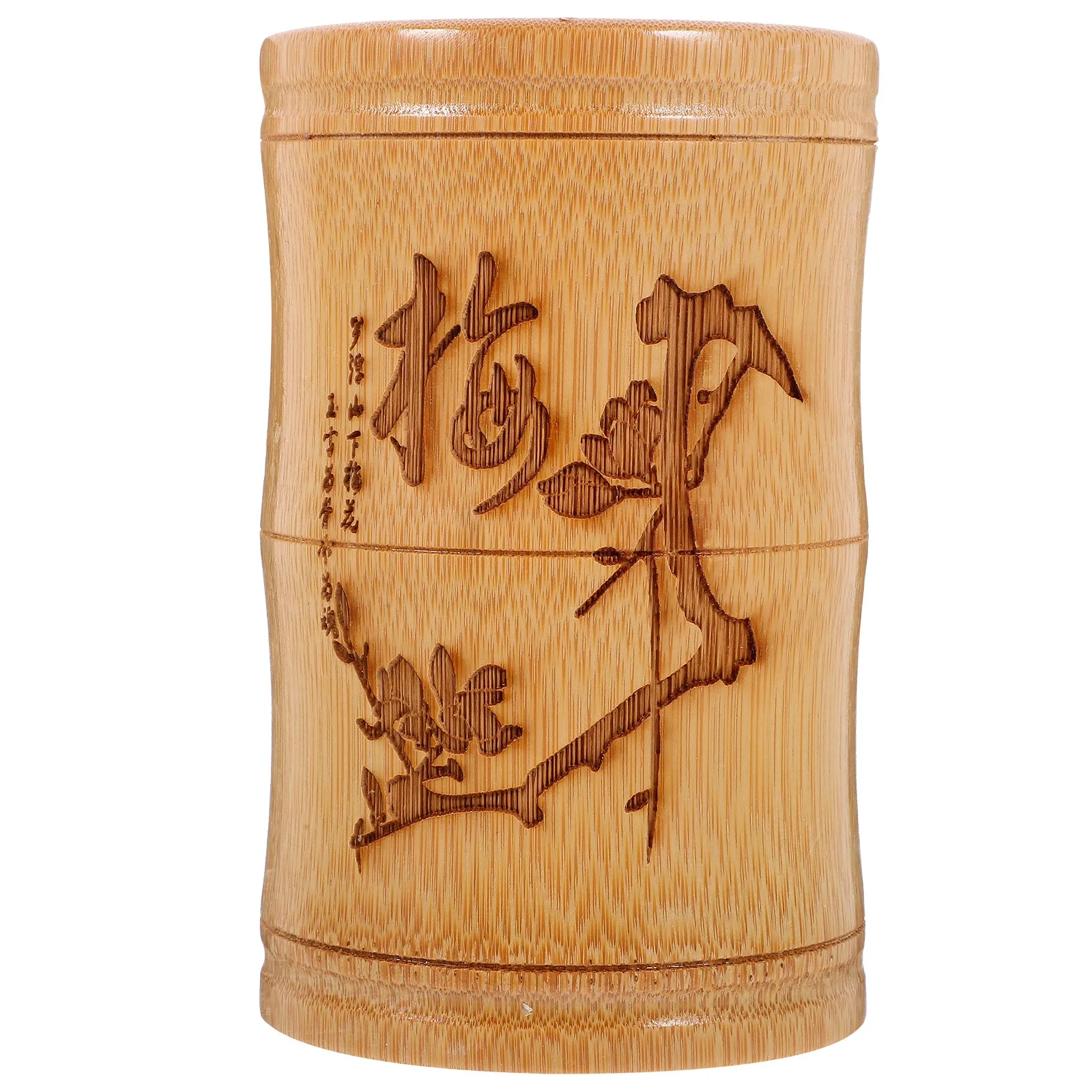 Bamboo Pen Holder Engraved Desktop Organizer Brush Pot Container Light Brown Chinese Style Decor