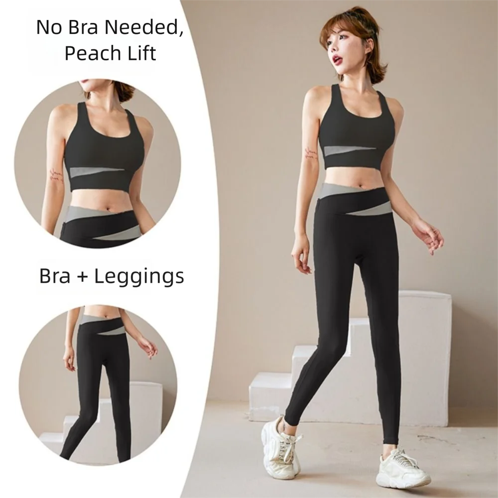 High Waist Color Block Yoga Set Belly Control Shock-Proof Seamless Yoga Outfit Hip Lift Tight Fit Fitness Yoga Suit