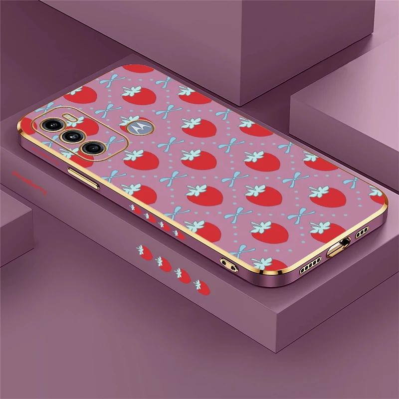 Phone Case For Motorola Moto G60 G53 G52 G50 G40 Fusion G30 G22 G10 E20 E7i Edge 20 G Stylus Plating Strawberry Print Cover