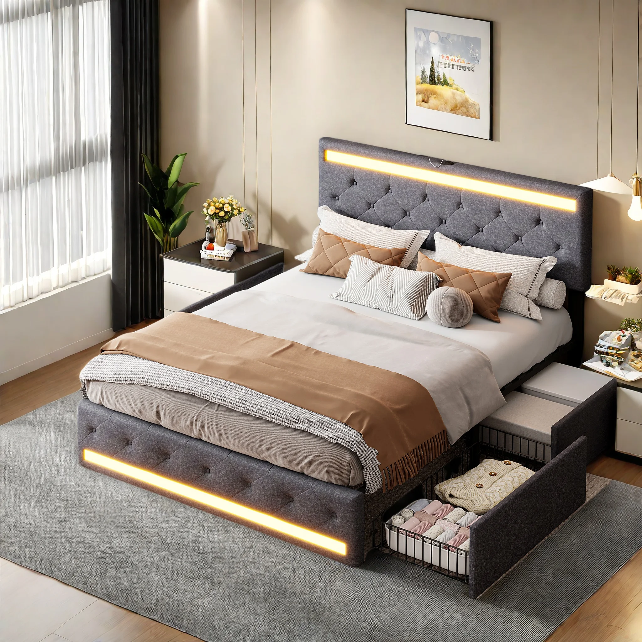 Rosahqnda Polsterbett 140/160/180x200 cm mit LED & USB-Anschluss, Doppelbett mit 4 Schubladen, Stauraumbett, Leinen, Grau, OHNE Matratze