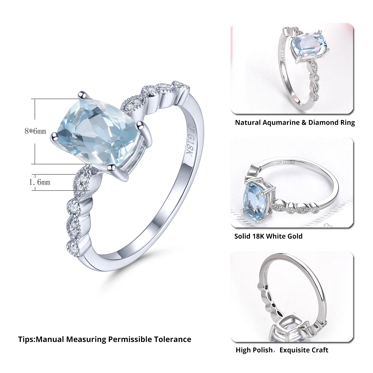 Lohaspie Natural Aquamarine 14K White Gold Ring 1.31 Carats Genuine Gemstone Classic Style Fine Jewelry for Women's Gift