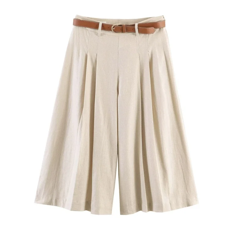 

Summer Loose Pleated Wide Leg Pants With Belt Women High Waist Side Zipper Decoration Versatile Shorts Female Causal Wear 2026