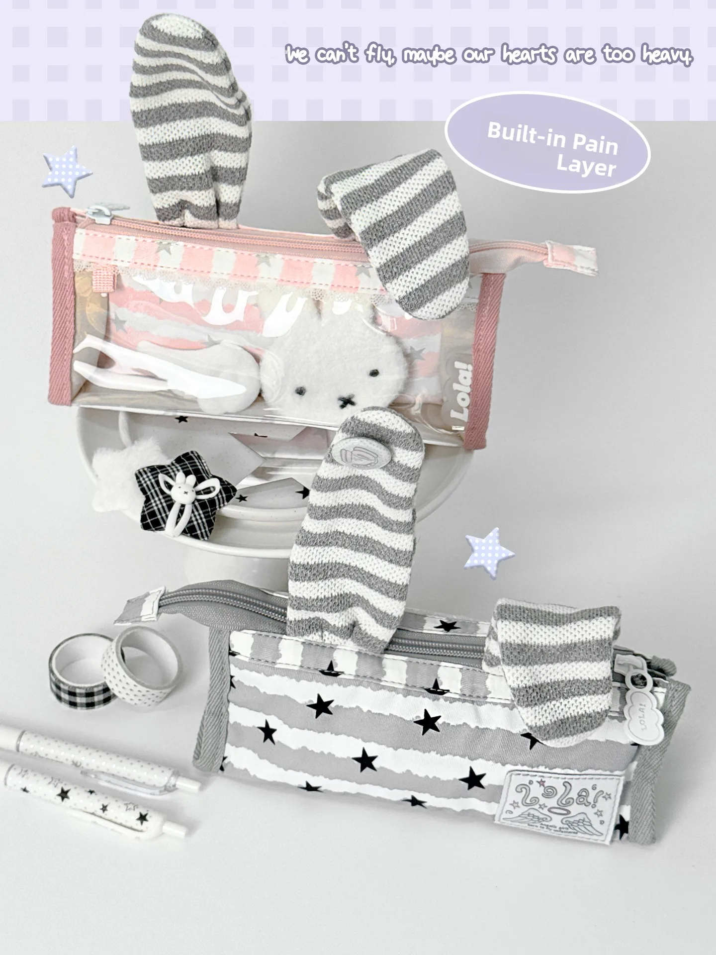 Design Cute Rabbit Ear Pencil Case Stripe Pattern Stationery Storage Bag Girl Style Retro Handbag Zipper Closure Leisure