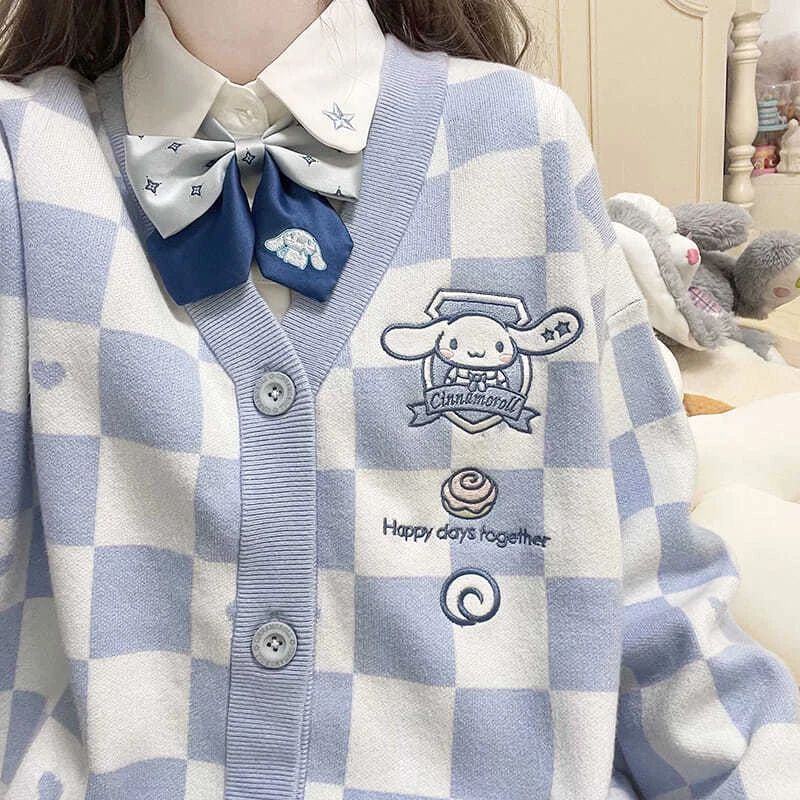 

Kawaii Sanrio Y2k Knitted Women Cardigan Sweater Cute Cartoon Cinnamoroll Kuromi My Melody Embroidery Japanese Jk Uniform Coat