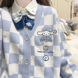 Kawaii Sanrio Y2k Knitted Women Cardigan Sweater Cute Cartoon Cinnamoroll Kuromi My Melody Embroidery Japanese Jk Uniform Coat