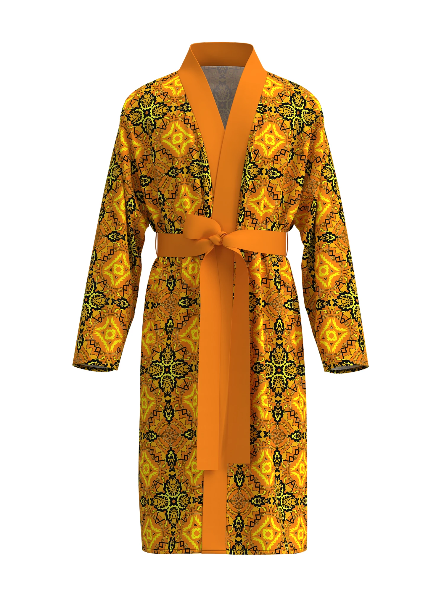 Men's warm orange ethnic style geometric print kimono bathrobe, bohemian long-sleeved home wear, casual nightgown