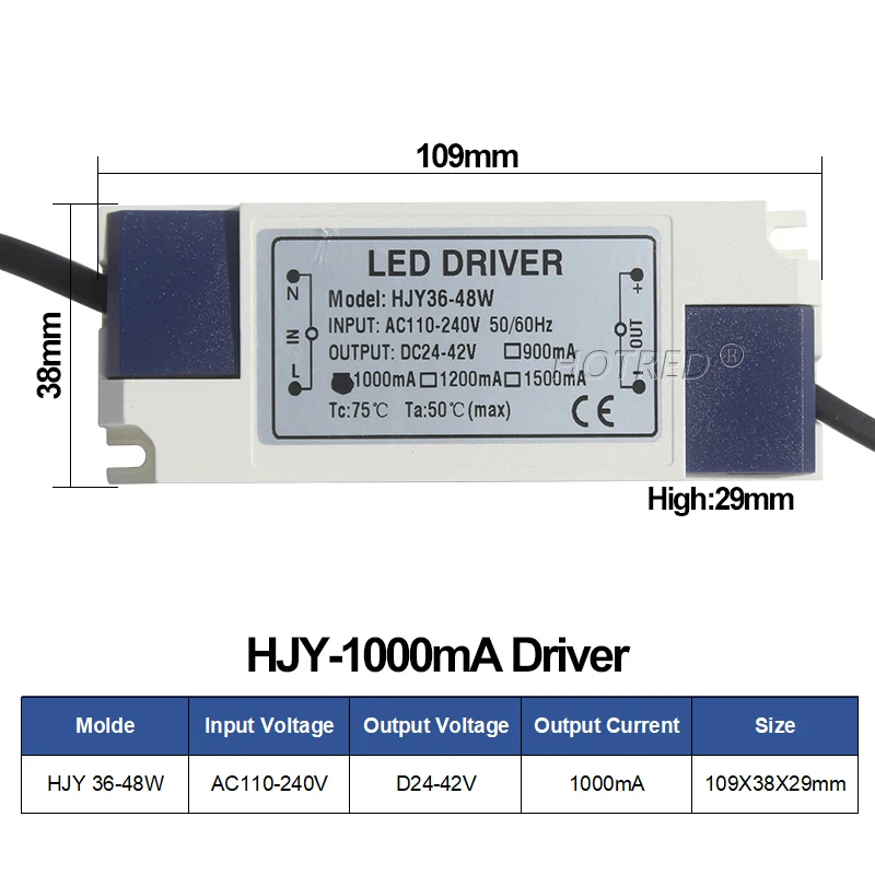 LED 드라이버 전원 공급 장치, 광 변압기 출력 DC24-42V, 외부 드라이버 DC 커넥터, 36W, 40W, 45W, 48W, 50W, 900mA, 1200mA, 1500mA