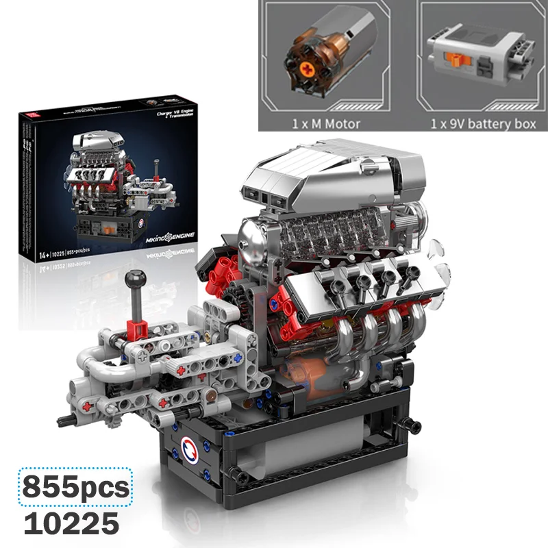 

New 855pcs V8 Engine + Transmission Model Building Blocks Set Assembly Collectible Toy With Motor Ornaments MOC Bricks Boys Gift
