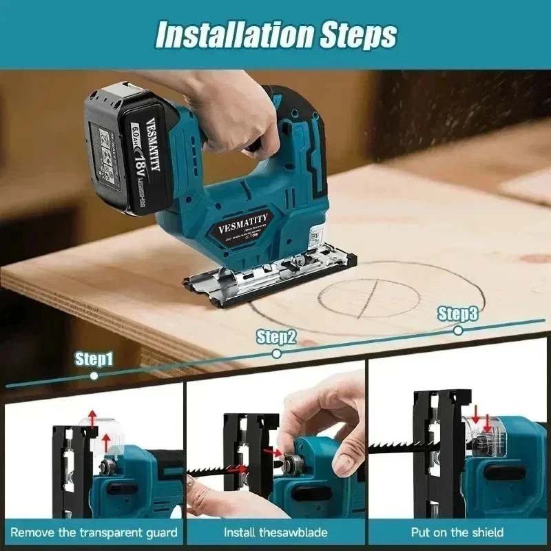 Barrel Handle Saw VESMATITY DJV182Z 340W Brushless Cordless Jigsaw with LED Light for 18V-20V Battery Wood Metal Cutting