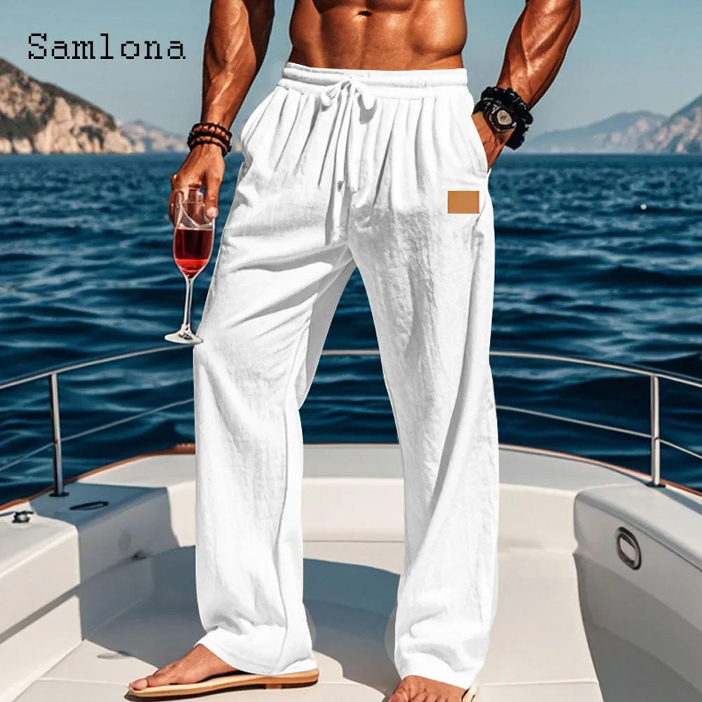 2025 American and European Casual Beach Pants Solid White Full-Length Trouser Plus Size 5xl Mens Casual Drawstring Hotpants New