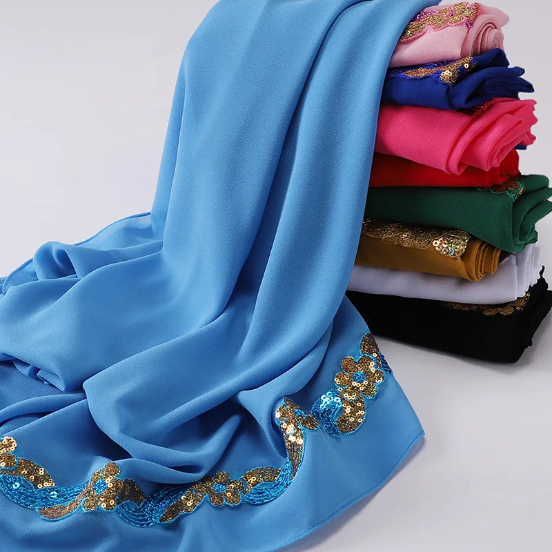 Fashion Heavy Chiffon Sequins Hijab Shinny Good Stitching Plain Scarf Muslim Shawl Plain Soft Turban Head Wraps Headband