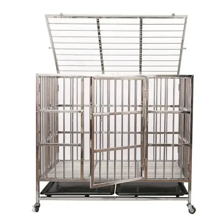 new Design Stainless Steel Foldable Dog Kennels Durable Xxl Large Double Layers Pet Cages Carriers & Houses Dog Cage with Wheel