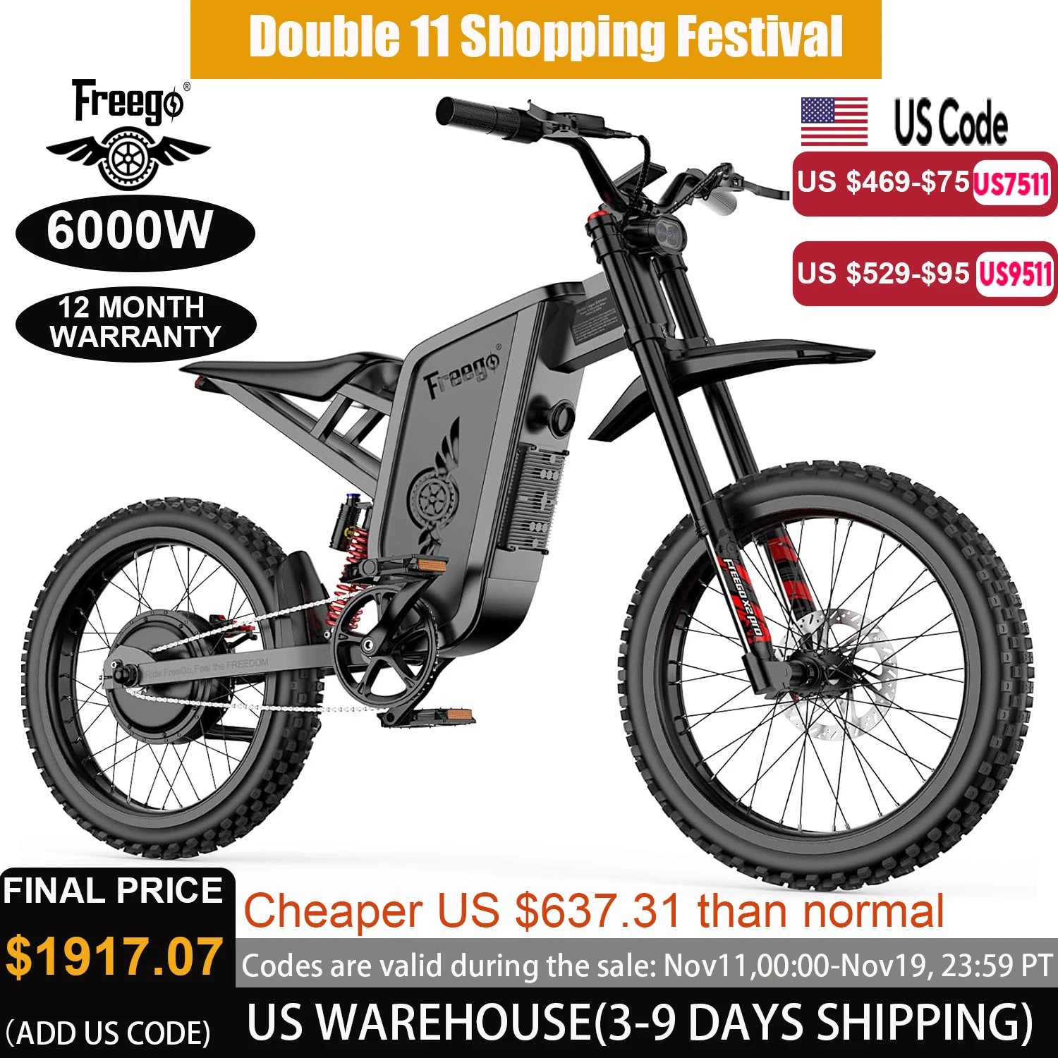 

2025 Electric Dirt Bike X2 Pro Electric Motorcycle 6000W(Peak) Motor 1800wh Battery 7 Speed 50MPH Off Road Electric Bicycle
