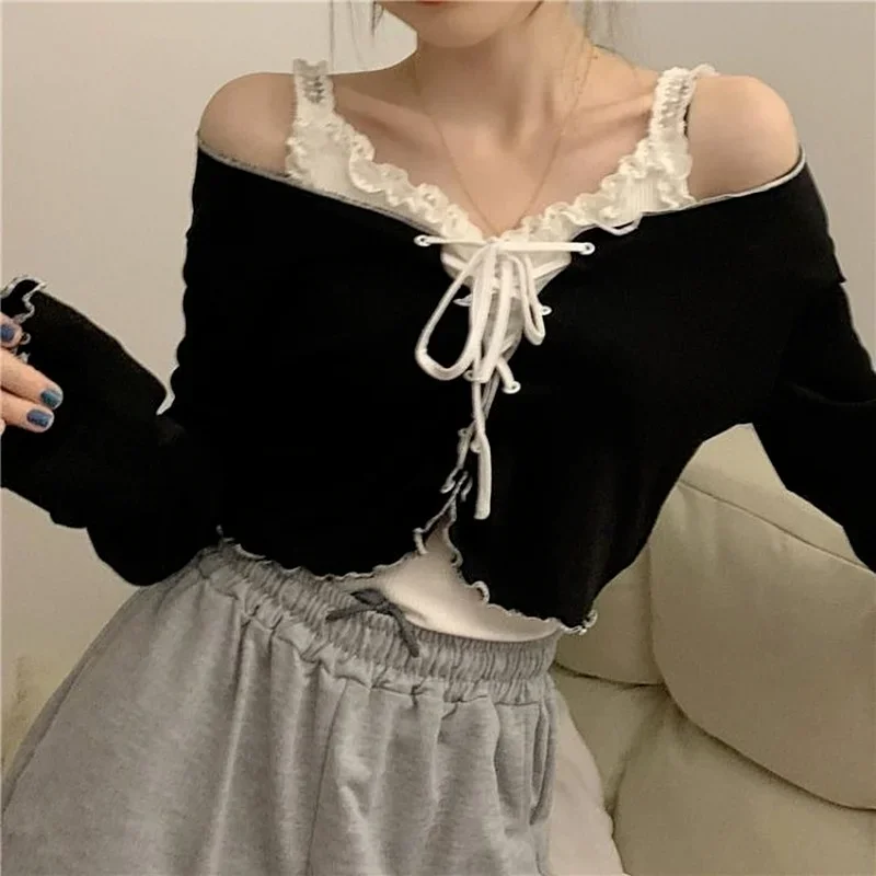 T-shirt a maniche lunghe da donna Cardigan con lacci Patchwork increspature Trendy dolce adorabile Crop top cappotto da donna Sexy capispalla per il