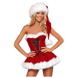 Women's Christmas Dress Adult Makeup Role Play Xmas Santa Costume for Women Classic Cosplay Suits with Hat for Party Celebration