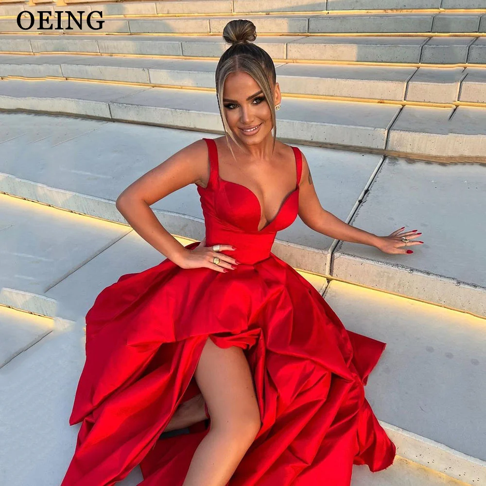 

OEING Red Elegant A Line Prom Dress Sexy Spaghetti Strap High Split Evening Dresses Special Occasion Gown Vestidos De Novia