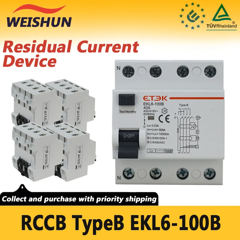 RCD RCCB Type B Earth Leakage Residual Current Circuit Breaker Evse 2P 4P 40a 63a 100a 30ma 300mA EKL6-100B Din Rail 220V