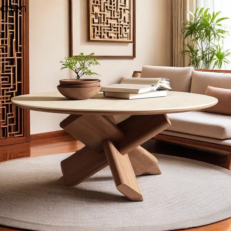 HXL Round Stone Tea Table Solid Wood Tea Table with Mortise and Tenon Joint
